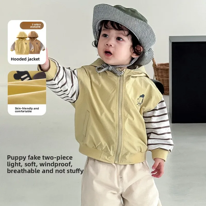 

Children's Fake Two-piece Jacket 2025 New Autumn Style Boys' Striped Sleeveless Hooded Top Baby Autumn Outfit