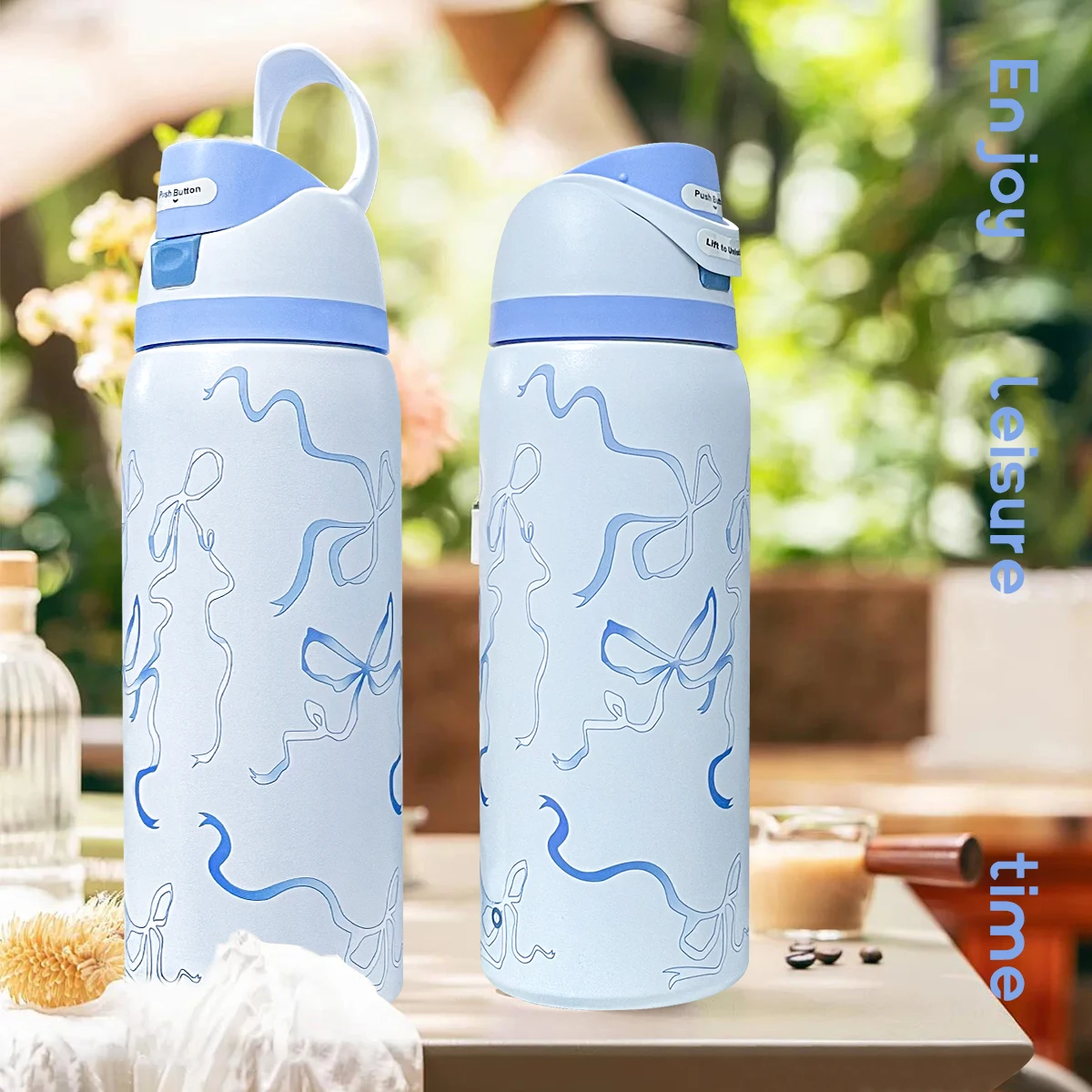 

Owalaa Blue butterfly Water bottle 32oz, 945ML, with straw,heat preservation time more than 24 hours,camping, work, indoor
