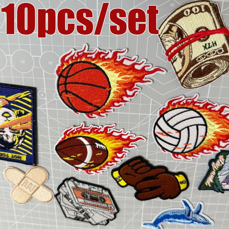 10pcs/set Basketball Gesture  Ironing Patch Sports Vintage Fire Dollar Stickers Fabric Sewing  Badges for Clothes Accessories
