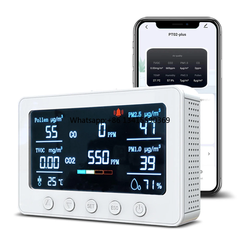 

Smart Air Quality monitr Indoor, Air Quality Meter Detects Pollen, CO, PM2.5, PM1.0, CO2, TVOC, Humidity, Temp, Tuya App