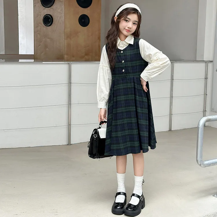 

Осенние школьные комплекты платьев для девочек, однотонная футболка с отложным воротником для девочек, детское клетчатое платье для девочек-подростков, наряд из 2 предметов