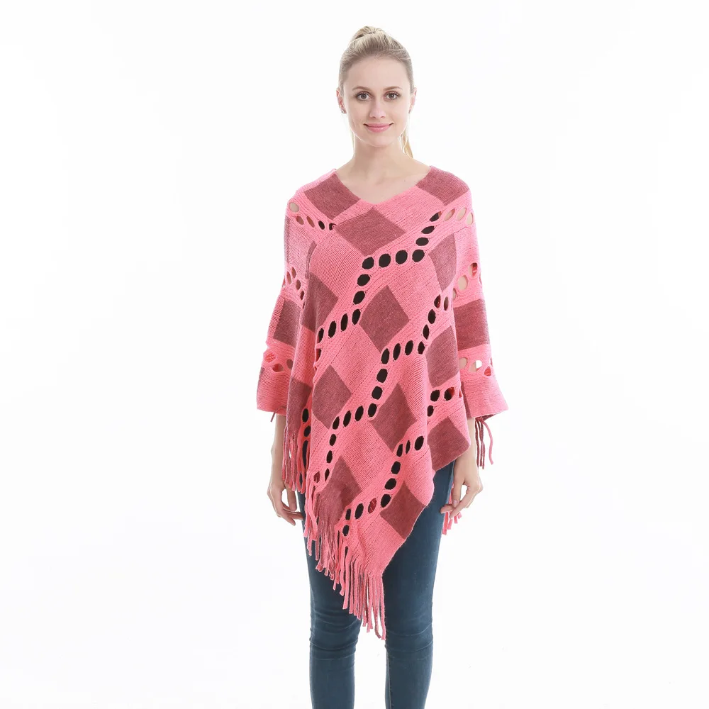 

Spring Autumn Hollow Large Tassel Plaid Pullover knitting Cape Fashion Women Fashion Street Poncho Lady Capes Pink Cloaks