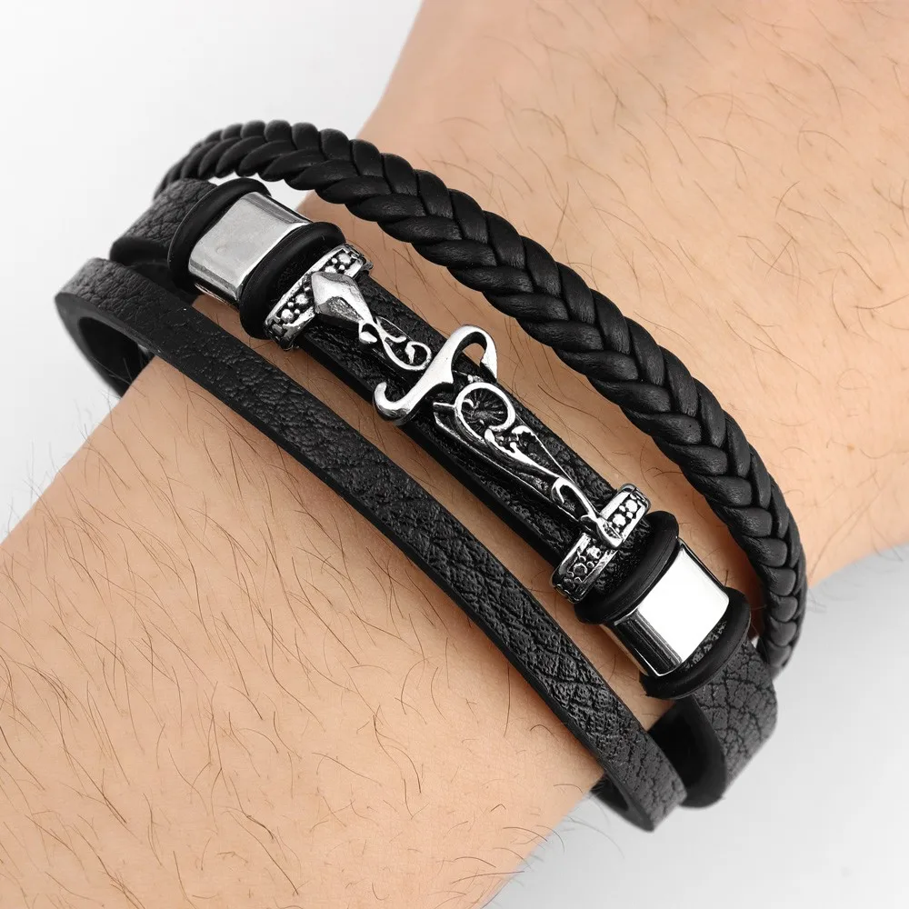 Trendy Multi-Layer Leather Woven Sword Cross Bracelet Charm Men\'s Bracelet New Fashion Hip Hop Punk Jewelry Accessories Gifts