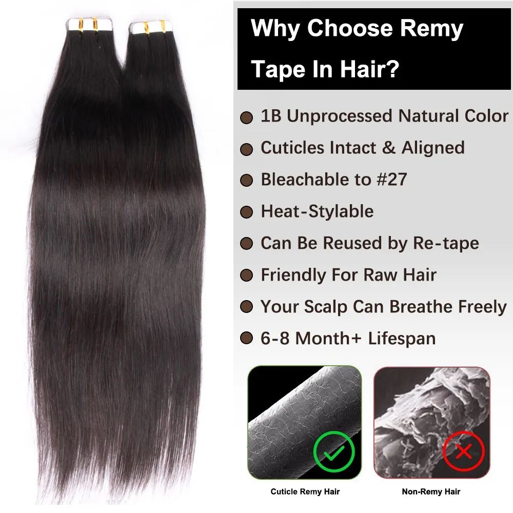 شريط ريمي في وصلات الشعر شعر بشري حريري مستقيم 20 قطعة 50 جرام 16-24 بوصة يمكن صبغه وتبييضها # 27 غراء لاصق قوي