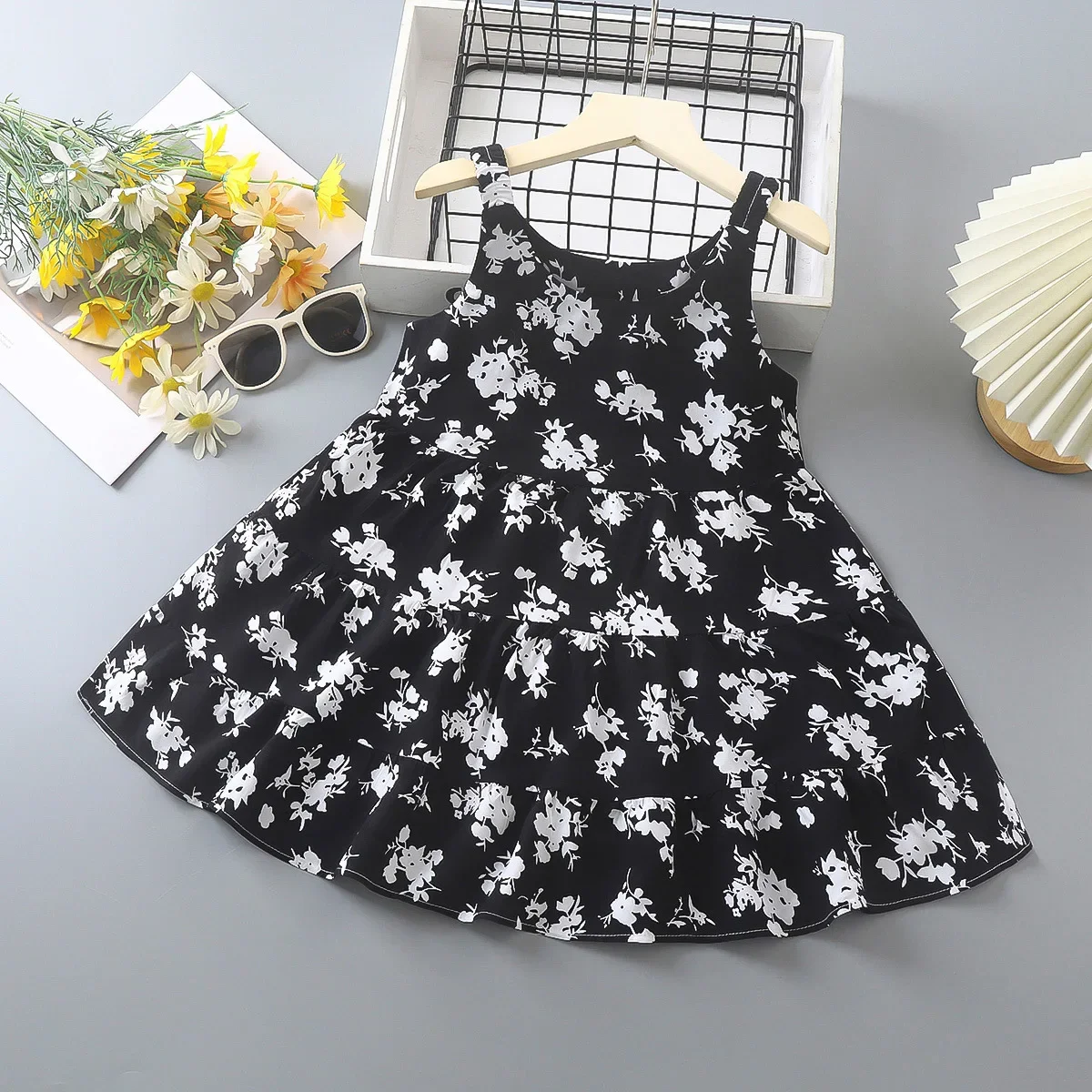 

New 2024 Girls Summer Dress Baby Girl Sweet Floral Flower Print Sleeveless Round Neck Princess A-line Dresses Nightgown Clothing