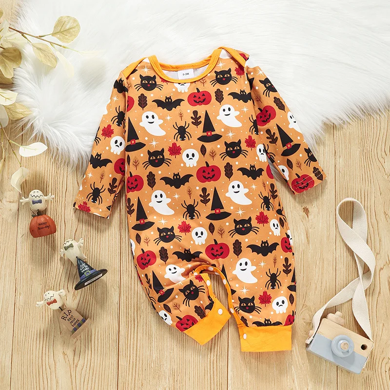 0-18 months Spring and Autumn New Halloween Newborn Baby Boys and Girls Festival Printed Long sleeved jumpsuit