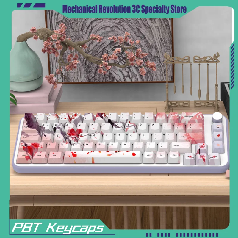 Ink Cherry Blossom Themed Keycaps 138/158 Original Factory Height Pbt Hot Sublimation Pink Cartoon Mechanical Keyboard Keycaps