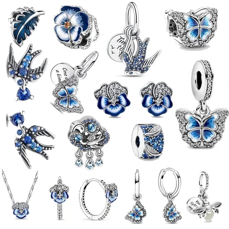 

2025 Spring New Blue Series Silver Plated Swallow Leaf Cloud Butterfly Studs Charms Fit Original Pantaro Bracelet Jewelry