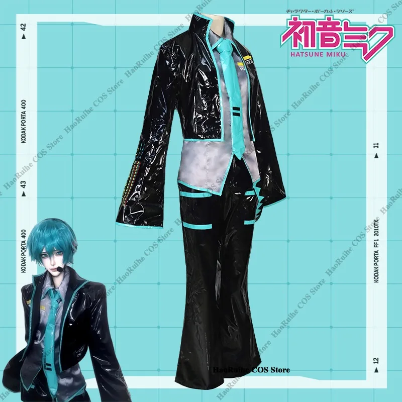 Anime Mikuo Male version Cosplay Costume Green Wig Uniform Black PU Leather Jacket Shirt Fancy Anime Mikuo Male version Cosplay Costume Green Wig Uniform Black PU Leather Jacket Shirt Fancy