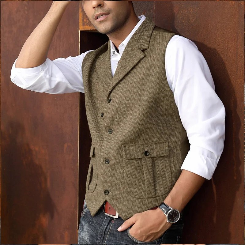 

Herringbone Men's Vest Khaki Tweed Lapel Casual Dress Business Sleeveless Jacket Wedding Groomsmen Temperament Slim Mens Vest