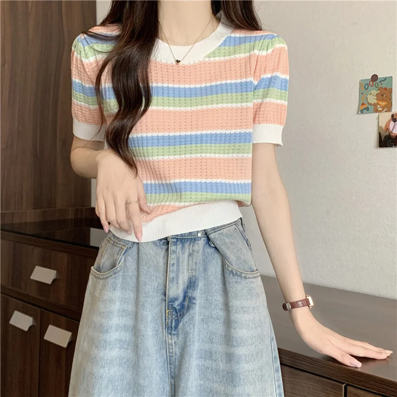 

Korean Gentle Style O-neck Knitted Short Sleeve Stretchy Striped T-shirts Women Contrast Color Knitting Tshirt Slim Tops