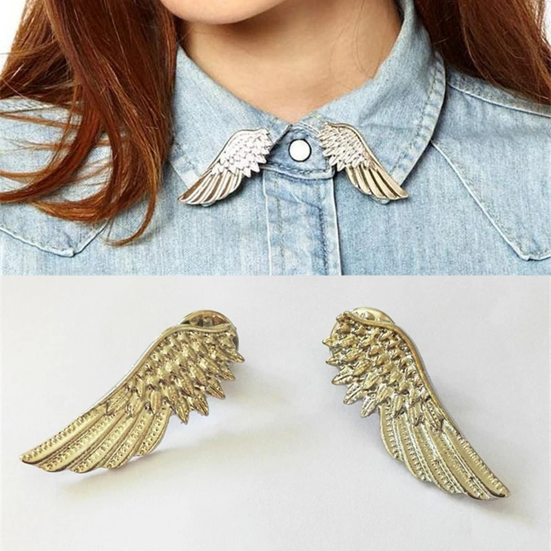 Fashion Wings Brooches Gold Color Metal Feather Brooch Collar Pins For Women Men Jewelry Clothing Shirts Suit Pin 1Pair