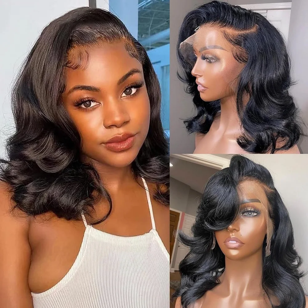 10A 프론탈 가발 인모 내추럴 블랙 바디 웨이브 14인치 밥 가발 레이스 프론트 가발 인모 200% 밀도 밥 가발 인모
