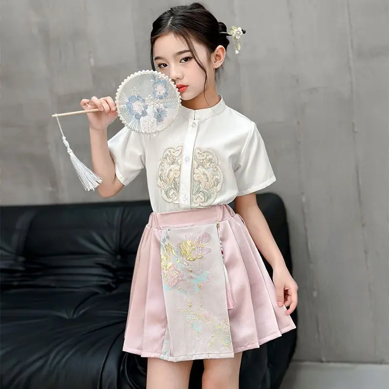 Girls autumn summer Traditional Chinese Lion Costume Folk Dance shirt blouse + horse-face skirt Hanfu Kids Children set 12 year