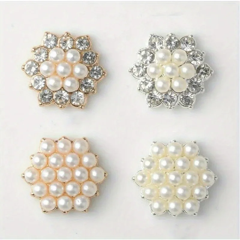 10pcs Lot Gold Silver Hexagon Alloy Pearl Rhinestone Buttons DIY Hair Bow Decorative Accessories
