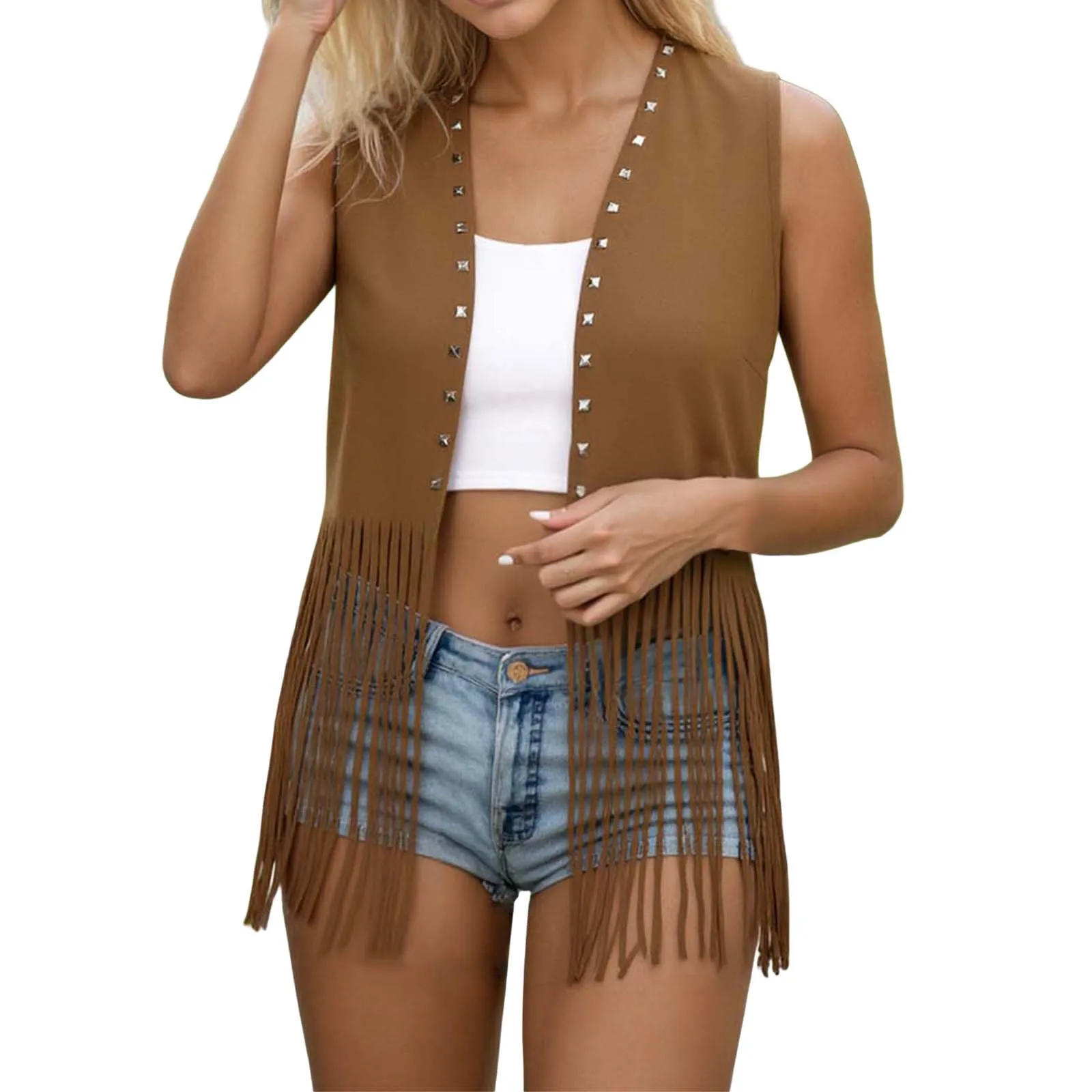 Womens Rivet Fringed Vest Waistcoat Spring Summer