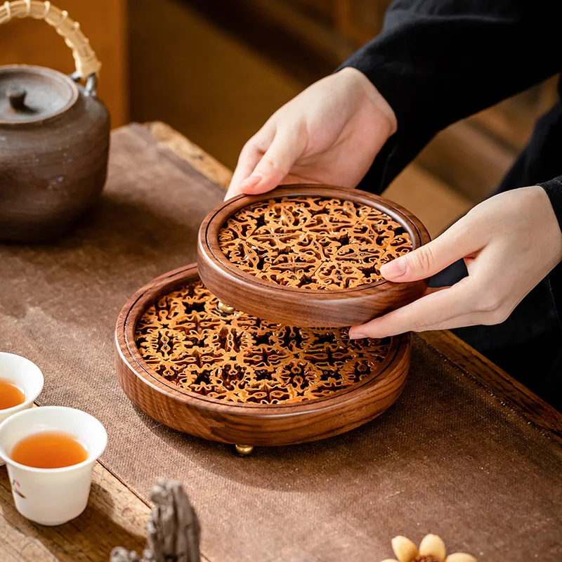 

Walnut walnut wood kettle base, retro round kung fu tea mat, cup holder, tea table, pot holder, heat insulation mat, tea ceremon