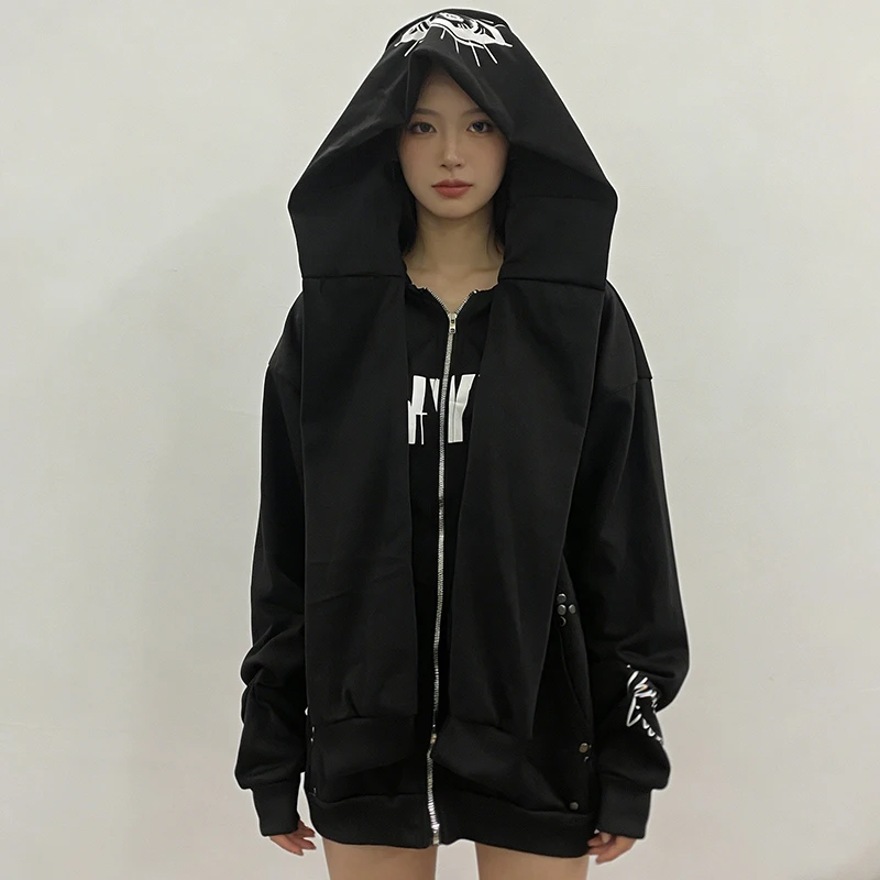 

Autumn Winter Hip Hop Street Punk Letter Printing Loose Gothic Coat American Creative Novel Sleeve Splicing Long Sleeved Hoodies