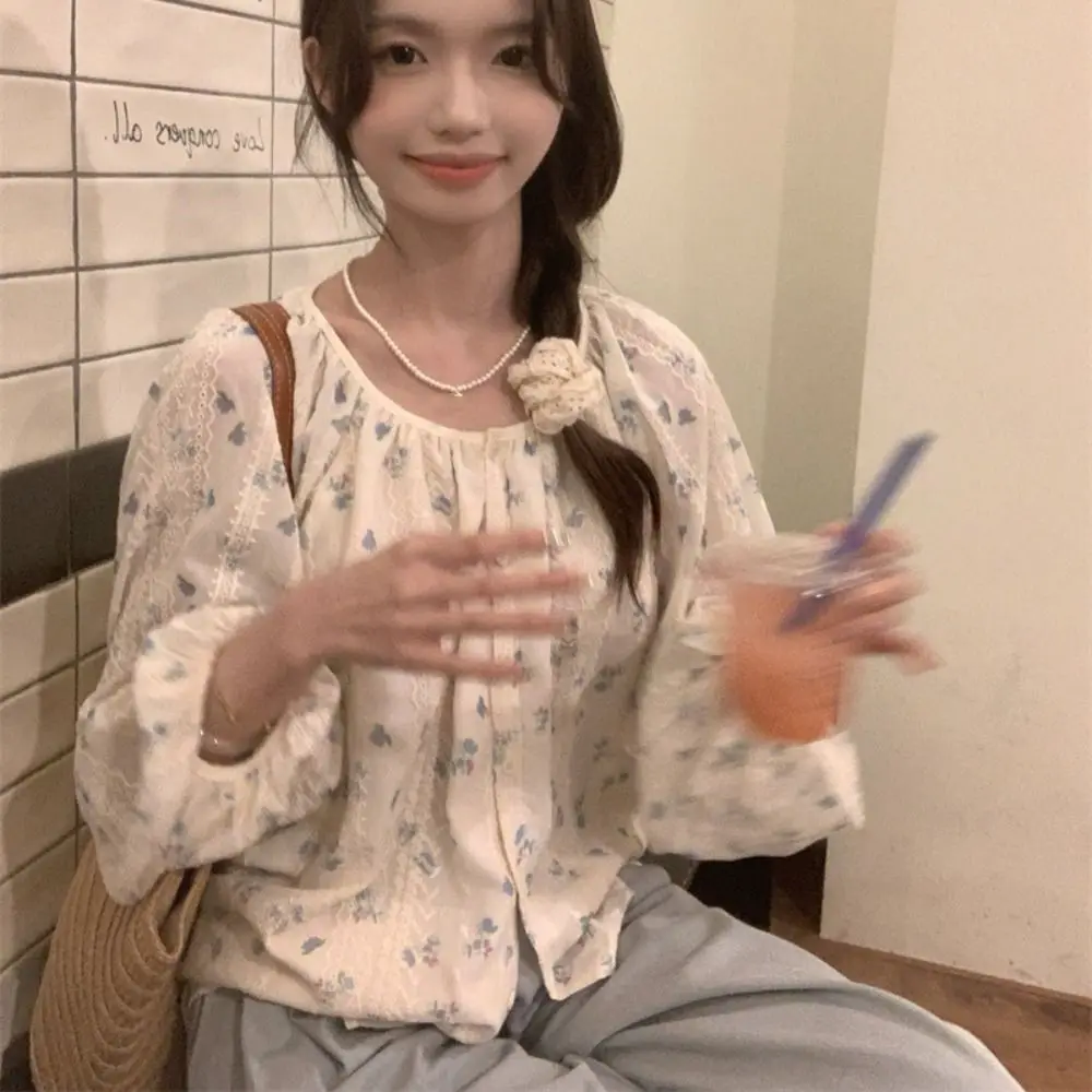Leisure Pleated Long Sleeve Blouse Ins Loose Lace Floral Blouse Spring Autumn Sweet Flower Shirt Top Streetwear