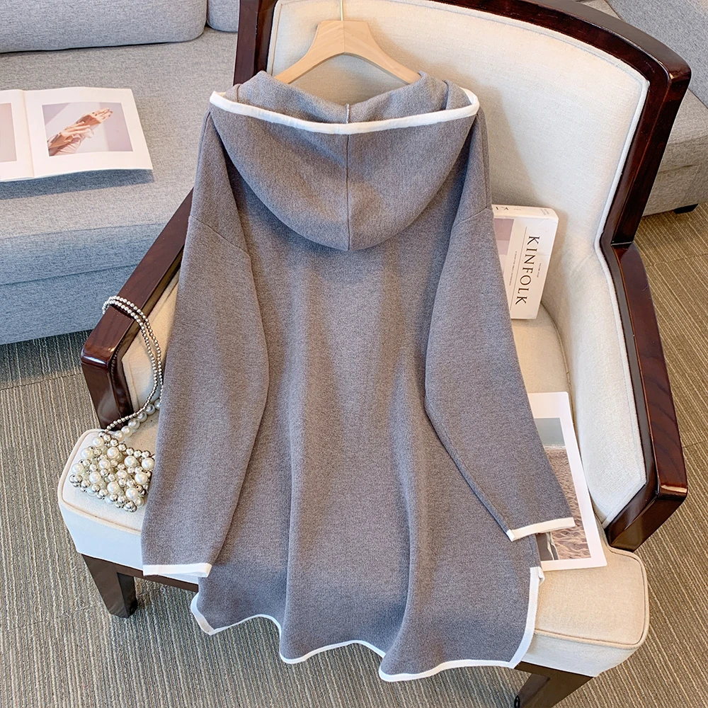 Autumn plus size women's casual hoodie mid-length knitted top asymmetrical hem home clothing loose comfortable commuter top 2024