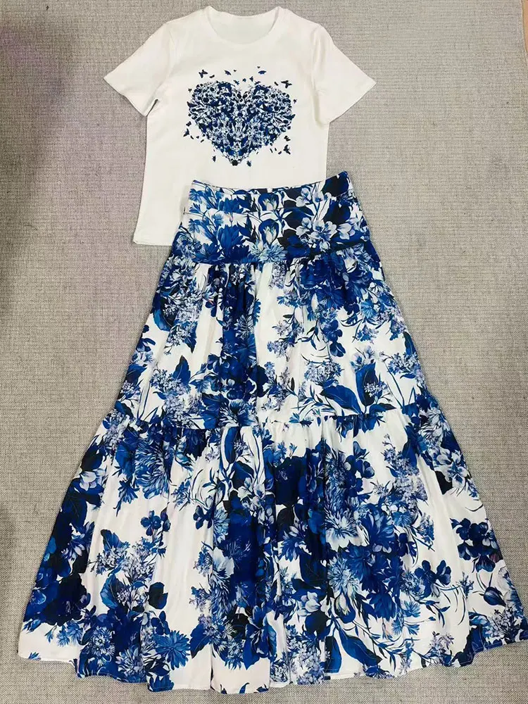 2026年新作夏レディース花柄セットアップ ラウンドネック半 - Midi Skirt Floral のレビューと価格