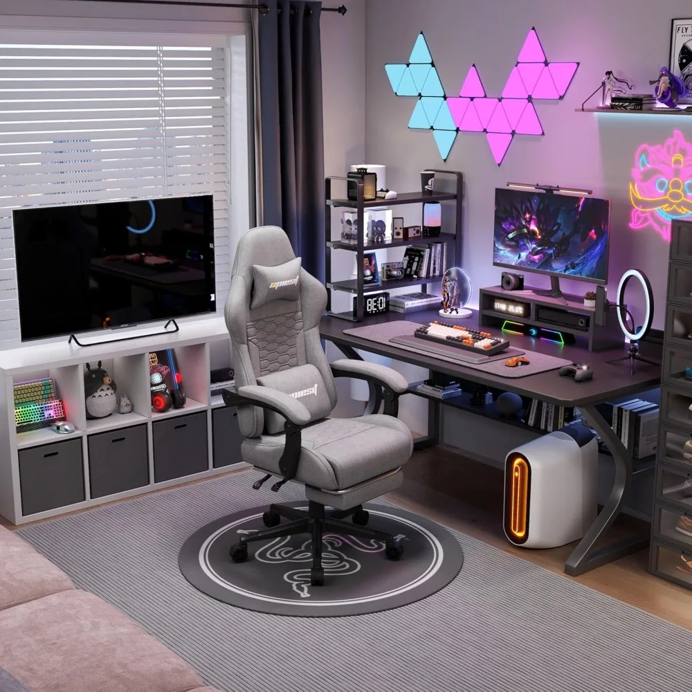 كرسي ألعاب، كراسي كمبيوتر من القماش مع دعم قطني ومدلك، كرسي مكتب مريح مع مسند للقدمين ووسادة زنبركية للجيب