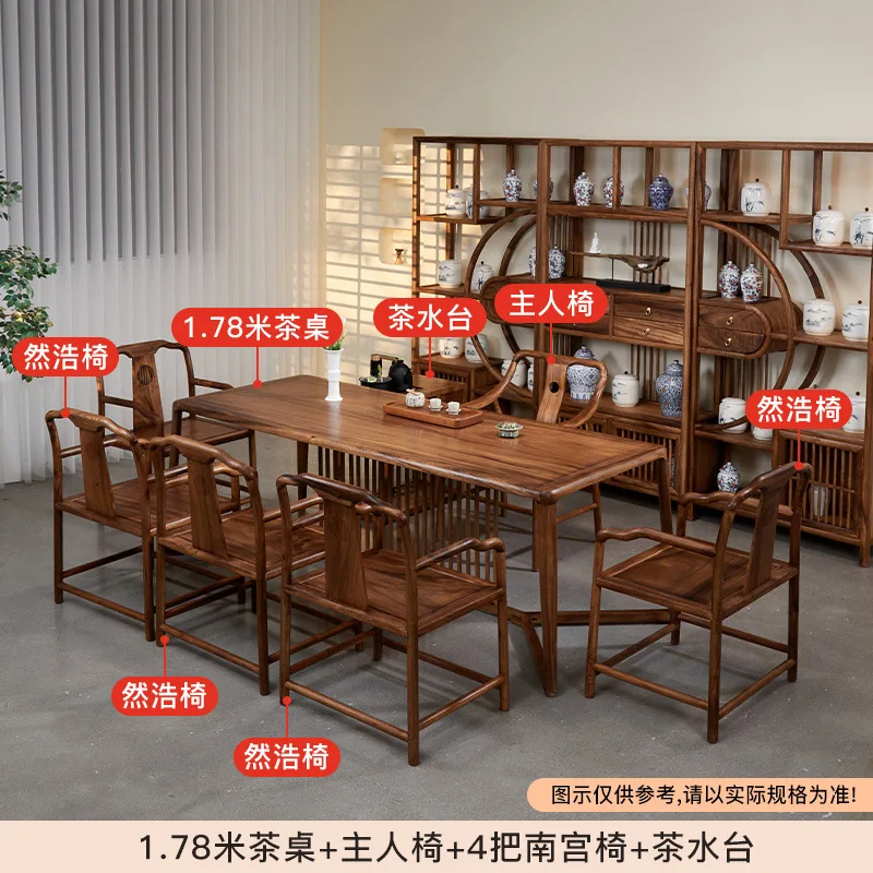 For New Chinese Style Solid Wood Tea Table High End Walnut Large Board Light Luxury Home Living Room Reception Desk and Chair