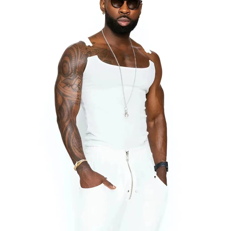 Fashion Chained Straps Tank Tops Men Hip Hop Pure Color Elastic Slim Knitting Vest Mens Spring Sleeveless Square Collar Camisole