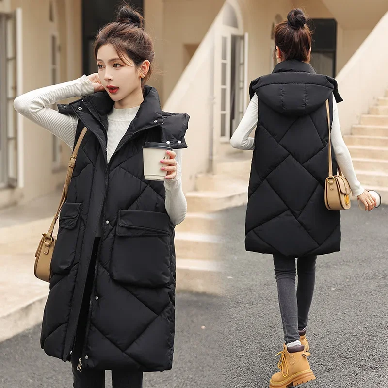 Autumn Winter Mid-length Vest Sleeveless Cotton Jacket Hooded Cardigan Slim Large Size Waistcoat Warm Coats Streetwear Chic Tops