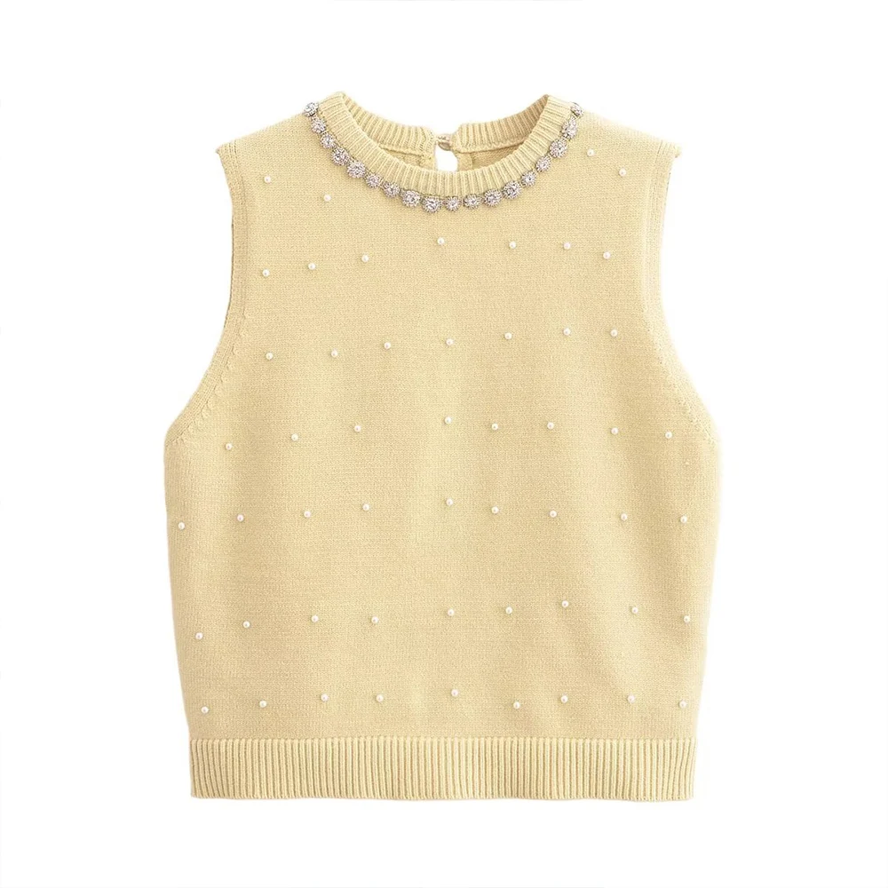 2024 European and American Summer Women\'s TRF New Solid Color Small Fragrant Wind Pearl Diamond Decorative Knitted Tank T