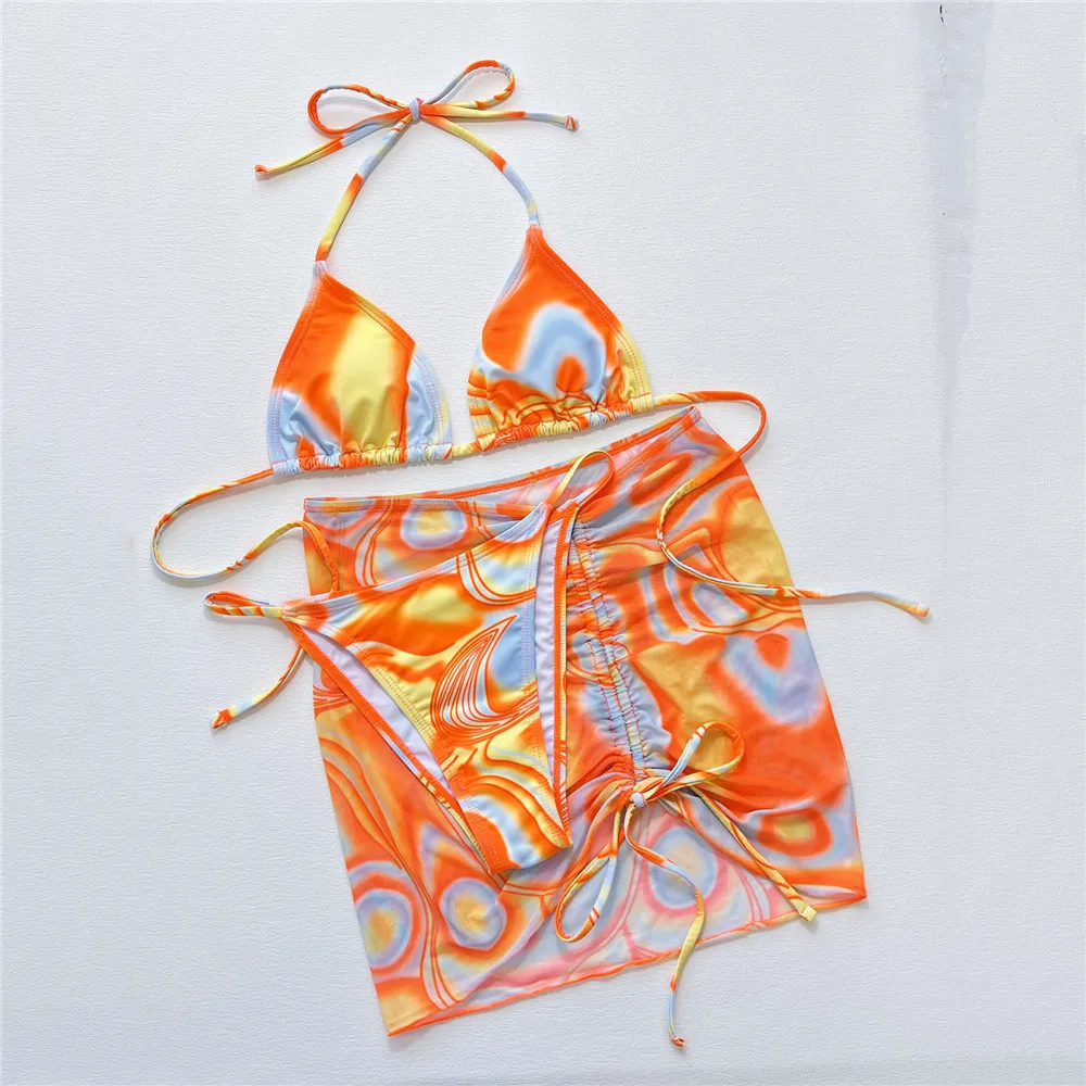

Сексуальный купальник с оранжевым принтом Tie Dye, женские микро-стринги, комплект бикини из 3 предметов, купальник 2024, пляжная одежда, бикини с лямкой на шее
