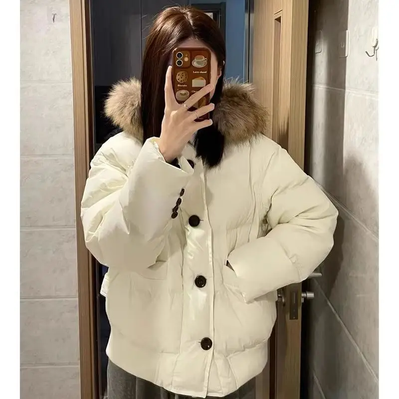 

New Winter Fashion Big Fur Collar Short Down Cotton Jacket for Women New Design Sense Thickened Parkas Female Clothing
