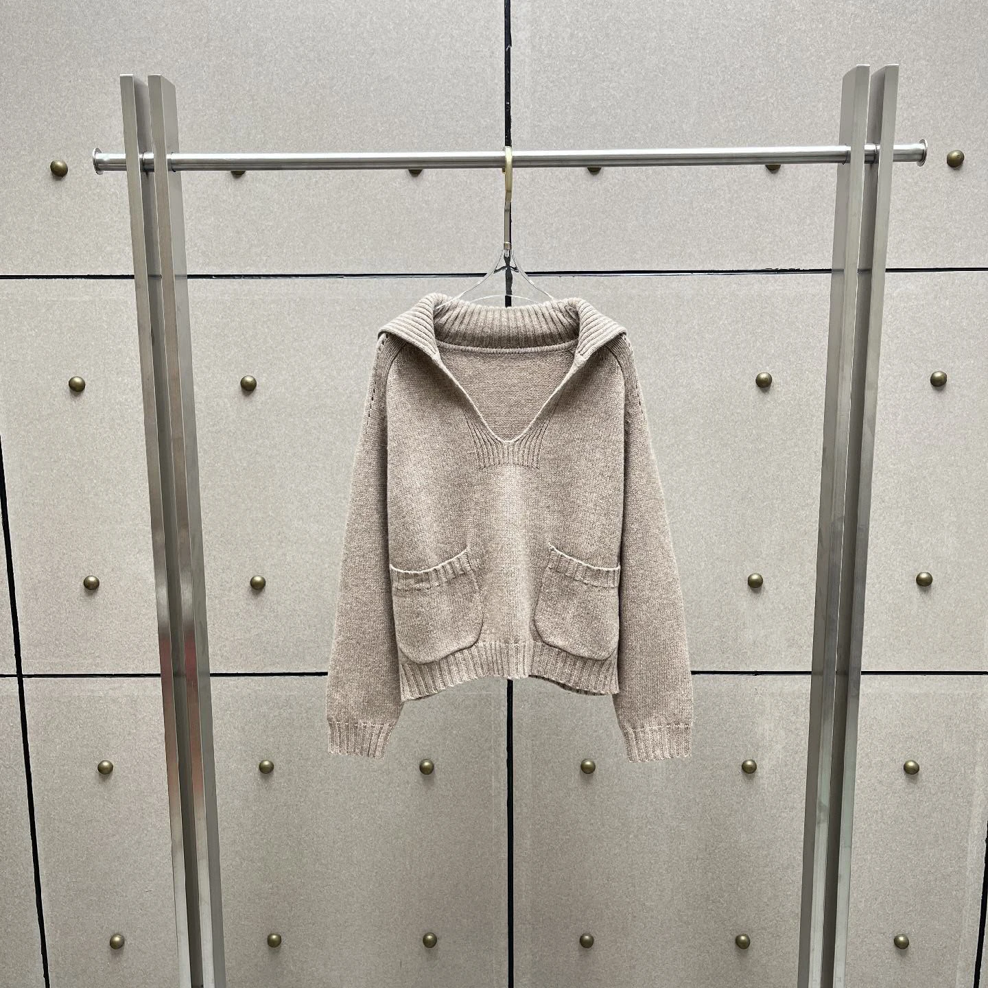 Women 100% Wool Knit Sweater Big Shawl Lapel Pullover Long Sleeve Patch Pockets Loose Fit Warm Ladies Jumper Fall Winter Top