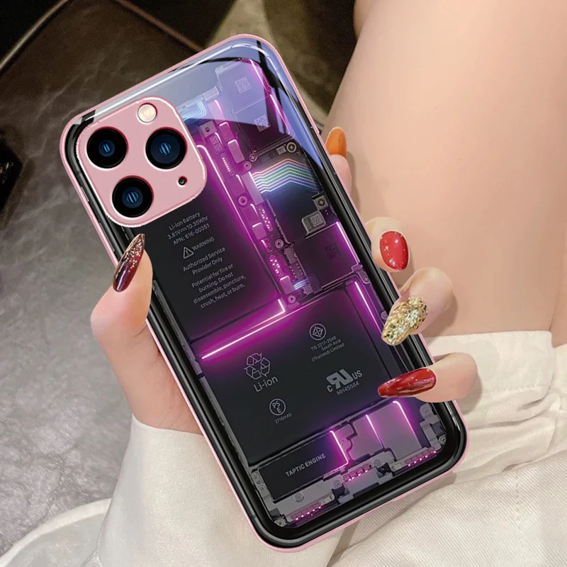 Black Tempered Glass phone case for iPhone 15 Pro 14 13 12 Mini 11 XS Max XR 7 8 Plu SE 2020 2022 Rose Purple Circuit Diagrams