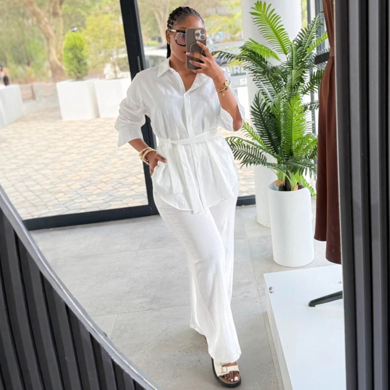New African Fashion Women Casual Two Piece Set White Lace Up Loose shirt And Pants Set