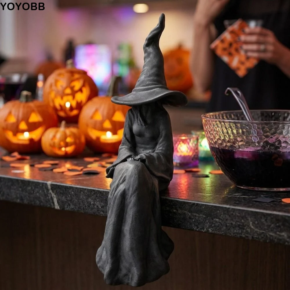 3D Printed Halloween Sitting Witch Figurine Plastic Dark Style Vintage Faceless Witch Sculpture Break-Resistant Gothic