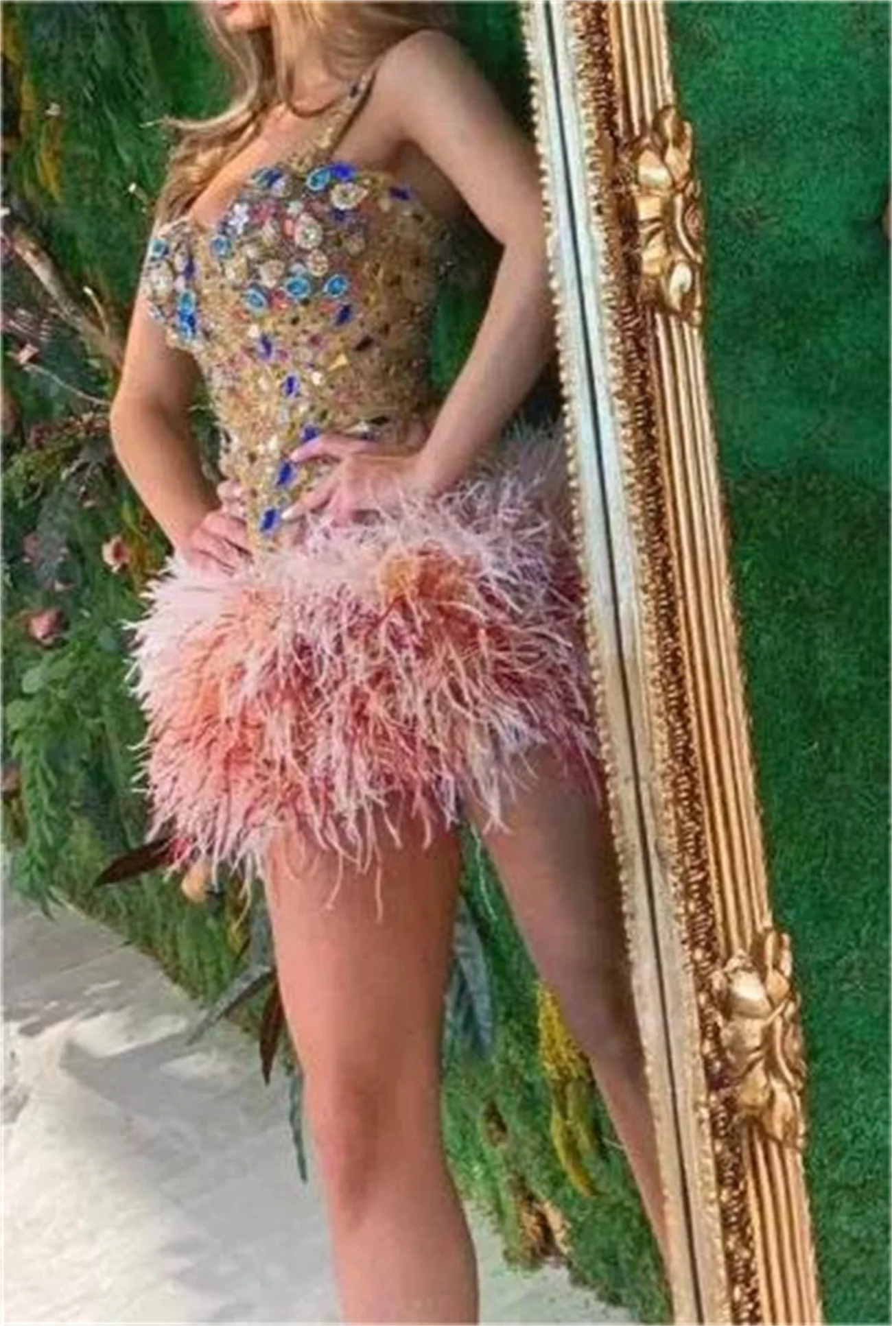 Gorgeous Cocktail Dress Diamond Suspenders Mini Prom Party Gown Classic Colored Gemstones Lace Pink Feathers Elegant New Style