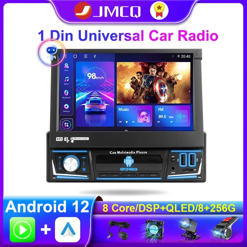 

JMCQ 1 Din Car Radio GPS Navigation 7" Retractable Screen Android 10 Multimedia Player Universal Audio Video No DVD Head Unit