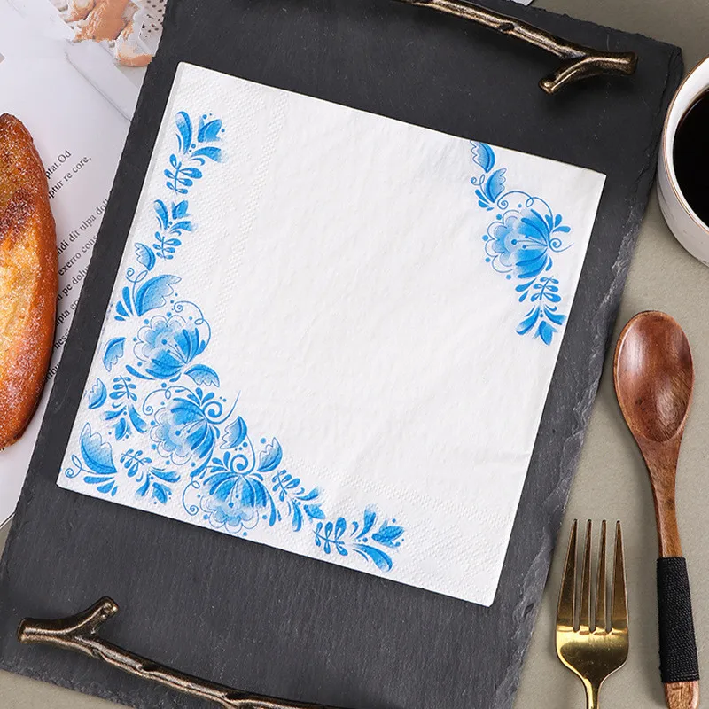 20Pcs/pack Blue Flower Series Paper Cocktail Square Dinner Napkins For Wedding Birthday Baby Shower Decoration