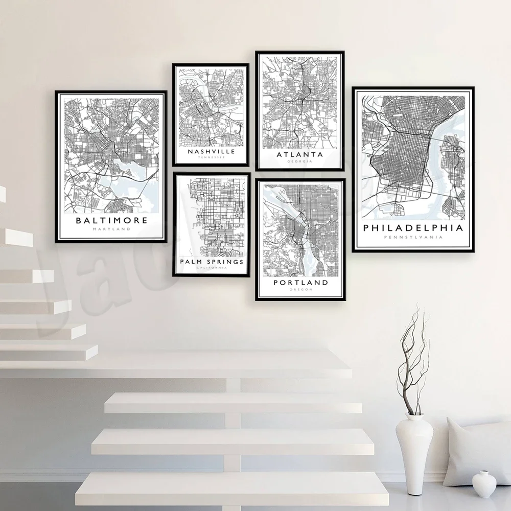 Póster de mapas de carreteras de Tennessee, Cabo San Lucas, Portland, Oregon, Bloomington, Michigan, Atlanta, Filadelfia, Birmingham, Baltimore