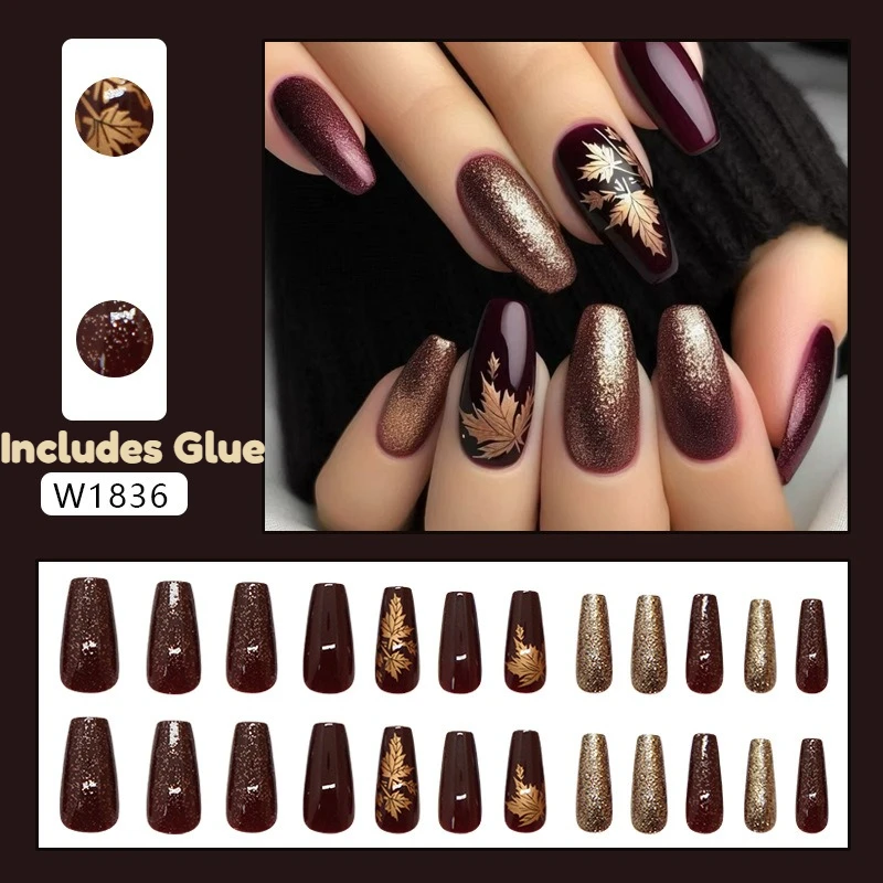 24pcs Elegant Burgundy Glitter Golden Maple Leaf Nail Art, Autumn Winter Press-On Nails for Women, Trendy Seasonal Fake Nails