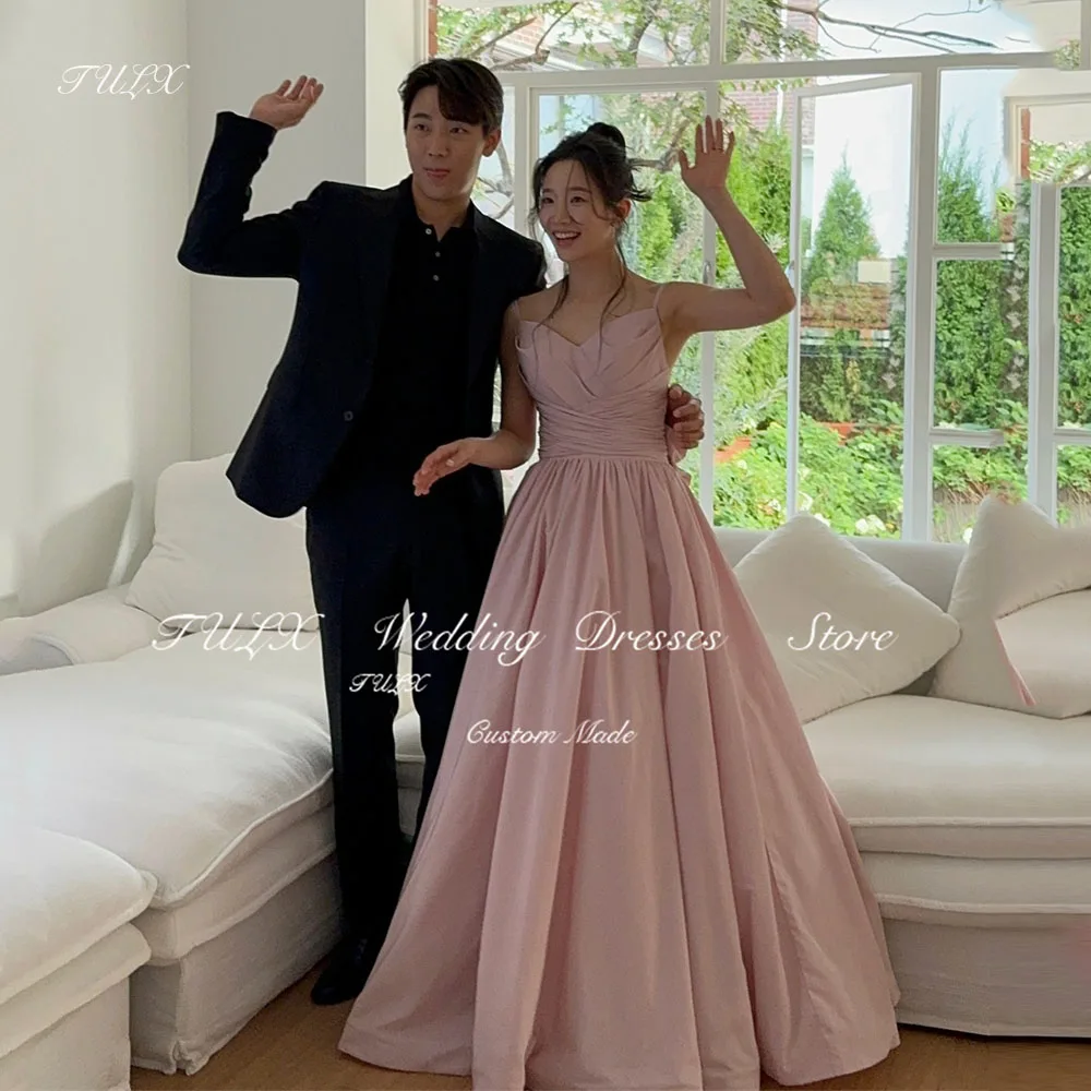 TULX Pink Spaghetti Strap Evening Dress A line Long Back Bow Korea Wedding Photo Shoot Dresses Corset Back Party Dress Custom