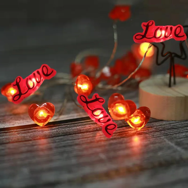 Guirnaldas de luces LED con forma de corazón rojo para el Día de San Valentín, cadena de luces brillantes con amor y corazón, decoración para fiesta de boda y aniversario, adorno para el hogar