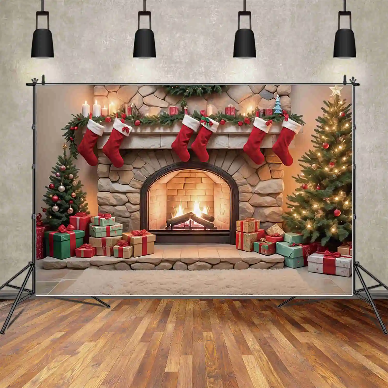 MOON.QG Christmas Fireplace Gifts Christmas Trees Backdrops Brick Stove Frame Vintage Indoor Backgrounds Party Photography Props