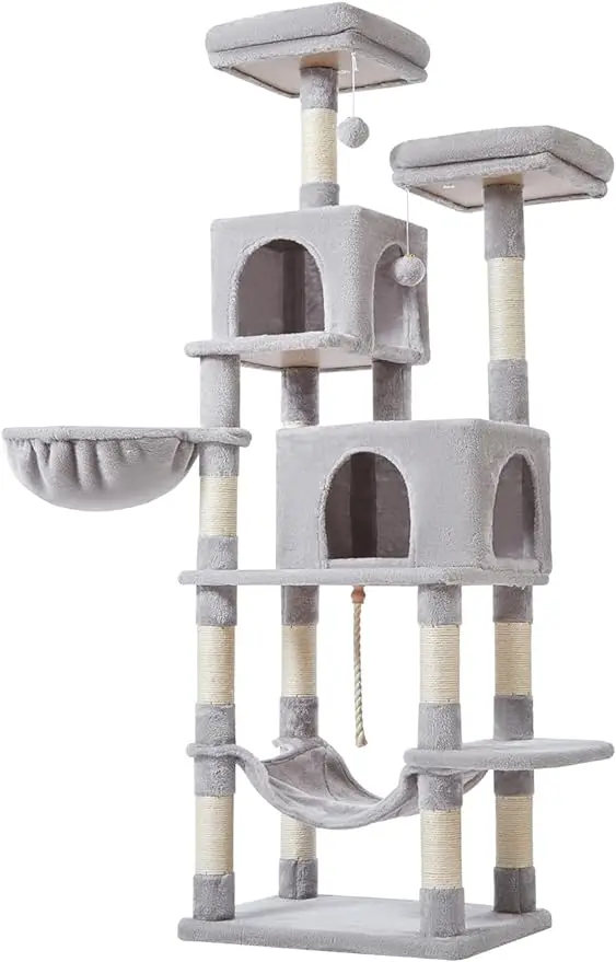 Cat Tree, 66.2-Inch Cat Tower for Indoor Cats, Plush Multi-Level Cat Condo with 12 Scratching Posts, 2 Perches, 2 Cave