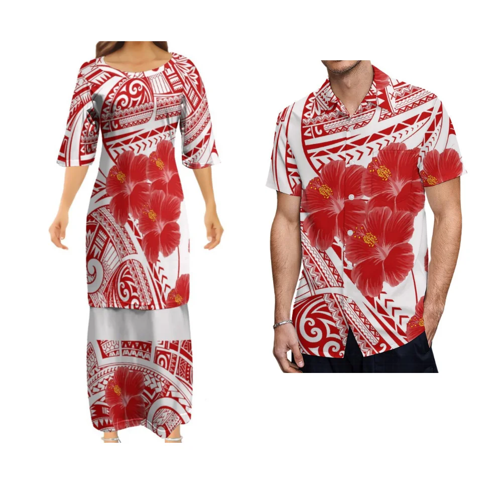 Custom High Quality Breathable Casual Dress Polynesian Puletasi Tribe Women\'S Dress Men\'S Shirt Hibiscus Flower Couple Set