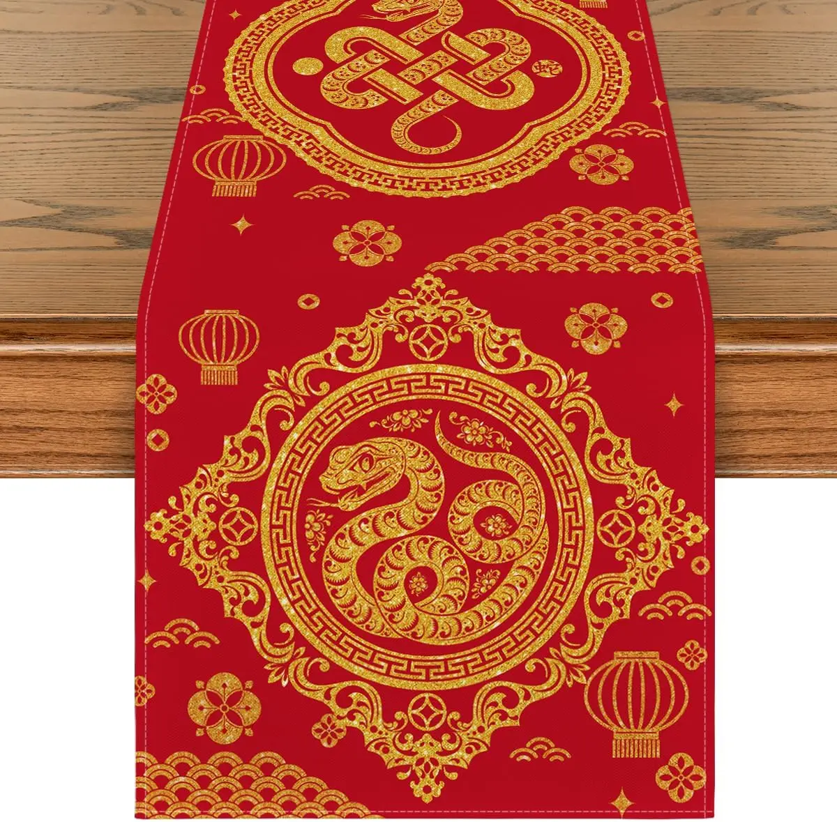 Chinese Zodiac Snake Happy 2025 Lunar New Year Linen Table Runner Holiday Home Party Decor Chinese Spring Festival Table Runners