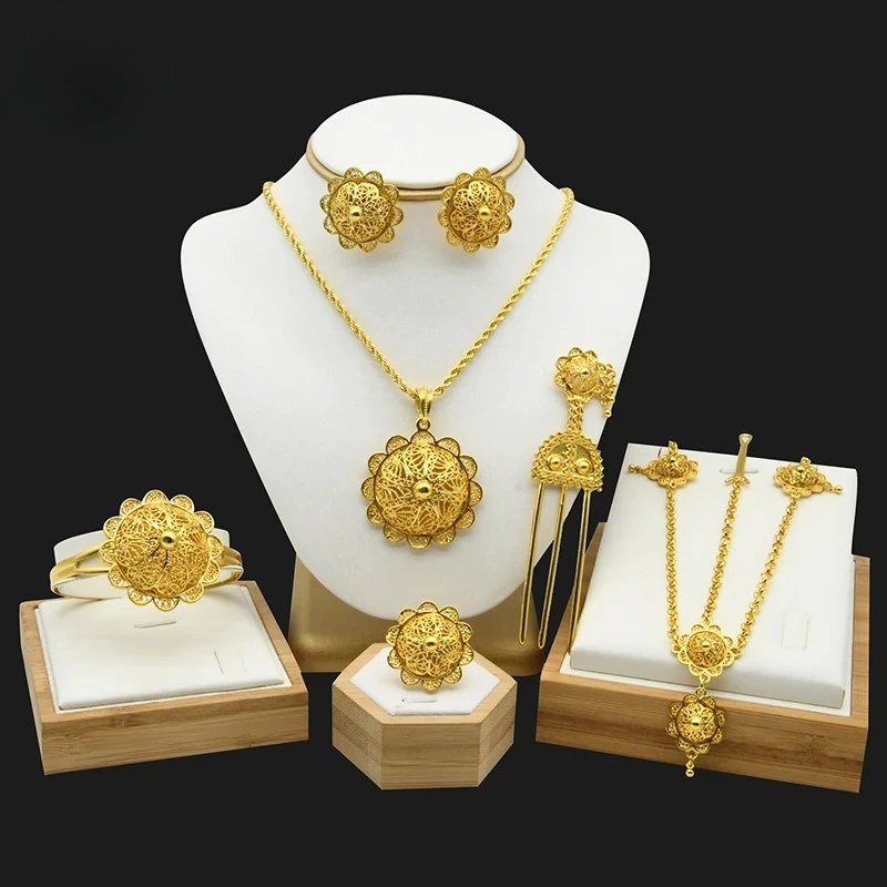 Ethiopian Bridal Jewelry Sets 24K Gold Color Headwear Necklace Earrings Bracelet Ring Habesha Wedding Jewellery Set For Women