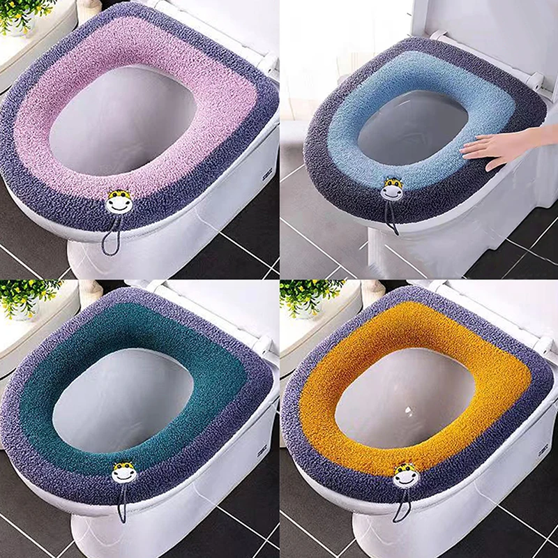 Winter Warm Toilet Seat Cover Washable Bathroom Toilet Pad Cushion With Handle Thicker Soft Mat Knitting Warmer Closestool Mat