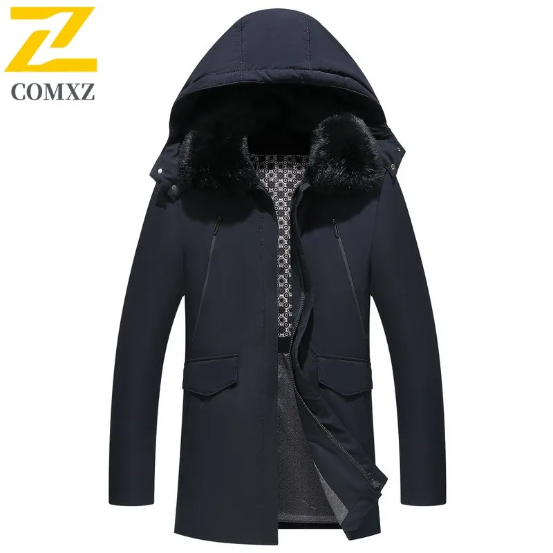 COMXZ 2025 Mens Winter stand Collar Hooded Thick Puffer Jacket American Style Waterproof and Windproof Long Outdoor Sports Coat